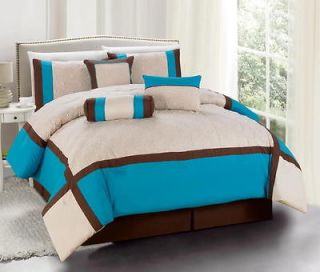 Comforter Curtain Sheet Set Blue Turquoise Brown Beige Queen Size New