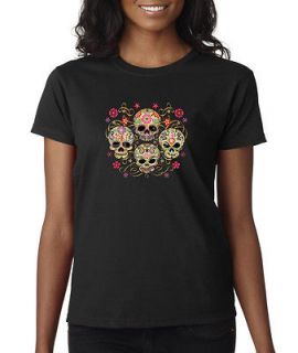 Mexican Sugar Skulls Flower Floral Ribbons Ladies Tee Shirt