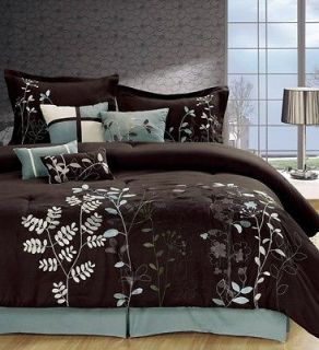 12pc Luxury Bedding Set w/Sheet Set Chocolate/ Blue 