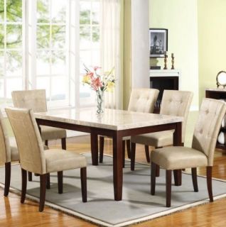 White / Espresso Marble Top Dining Room Table and Chair Set