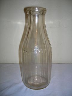 Old Vintage One Quart Ribbed Clear Glass Milk Jar / Dairy Bottle