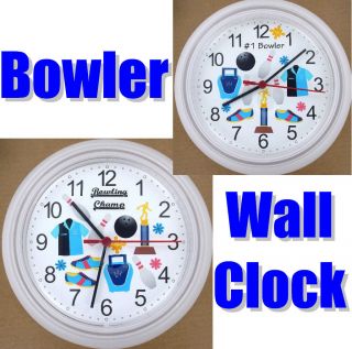 Wall Clock Bowl Bowler Strike Spare Ball Lane 10 Pins Shoes Glove Bag