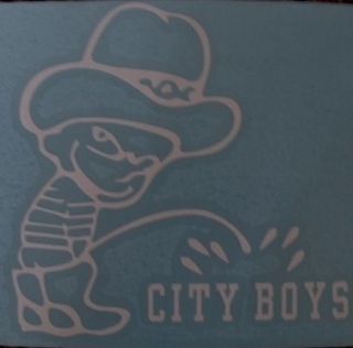 Calvin pee on City Boys, Cowboy Hat, Boots vinyl window sticker