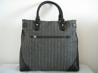 Tumi Tote Shopper Hand Bag Purse Italian Gray Wool Pinstripe Black