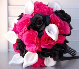 Large Bouquet&Bouton niereOpen Roses,Hot pink,Black,Sil ver Black