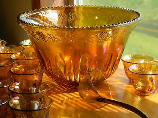 Carnival Glass Marigold Princess Complete Punch Bowl Set 16 Cups ladle