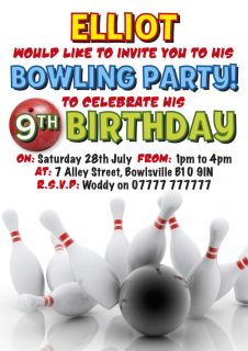 Bowling Party Personalised Party Invitations or Thank You Notes x10
