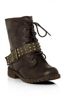Nature Breeze Harley 13 Brown/Tan Spiked Military Combat Mid Calf