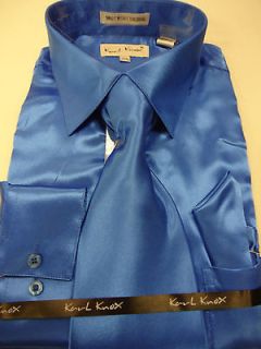 Mens Karl Knox Shiny Bright Royal Blue Silky Satin Formal Dress Shirt