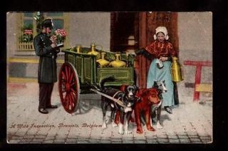 milk maid dogs pulling milk cart inspection brussels belgium postcard