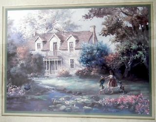 Lee K Parkinson c 1989 Signed Framed Children Playing Country Home