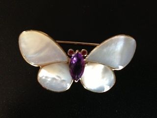 14kt mother of pearl, amethyst and ruby butterfly brooch pin