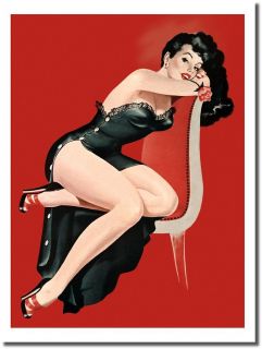 Vintage 50s Pinup Girl Poster Black Hair in Long Negligee On Red Chair