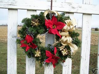 Artificial Christmas Wreath Silk Red Poinsettias Glittery Trim Gold