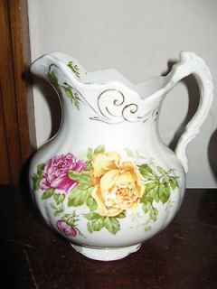 vtg pitcher Buffalo pottery pink yellow roses ceramic 1002 antique