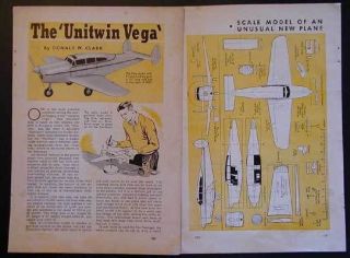 Unitwin Vega Wooden Model Airplane How To build PLANS detailed cabin