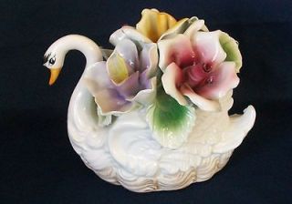 CAPODIMONTE SWAN WITH FLOWERS CENTERPIECE 7 TALL X 8 1/2 LONG