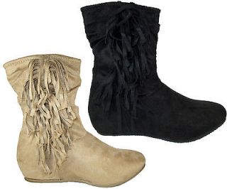 Women Flat Ankle Boots Black Beige Camel Suede Side Fringe CANDIES 77A