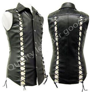 QLG Mens Genuine Leather Shirt With Lacing Biker Vest Motorcycle Club