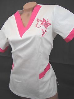 New Women Nursing Scrubs Pink Butterfly White Poly/Cotton Top Size XL