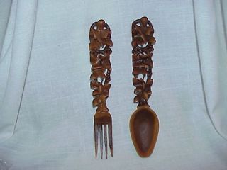 Carved Wood Display Spoon and Fork Leaves and Berries Kitchen Wall Art