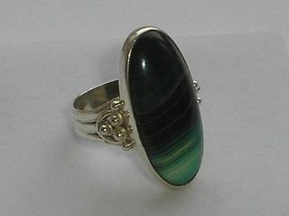 STUNNING 925 SILVER STRIPEY AGATE LARGE SOLITAIRE RING SIZE P