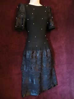 UniqueVtg*Black Satin Lace Pearls SweaterKnit Dropwaist Formal Dress*M