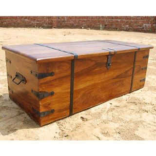 Wood Storage Box Trunk Chest Coffee Table w/ Wrought Iron Hardware