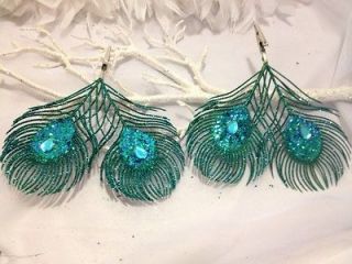 FRENCH CHIC~8 PEACOCK Blue Green Glitzy FEATHER GEM XMAS TREE Clip
