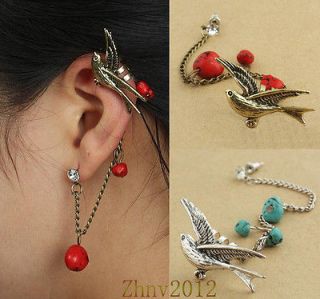 Turquoise Crystal Swallow Chain Clip Ear Cuff Stud Earrings.#E194