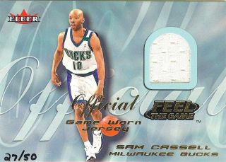 01 FLEER FEEL THE GAME GOLD SAM CASSELL GAME WORN JERSEY CARD #D /50