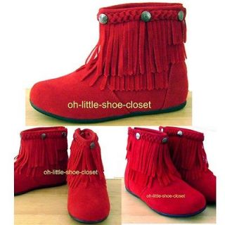 Youth Red Tribal Indian Fringe Moccasins Flat Ankle Booties Girls Size