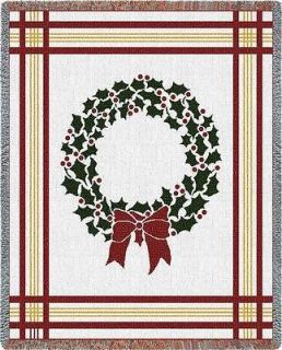 Christmas Holiday Holly, Berries & Red Ribbon Wreath Cotton Tapestry