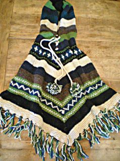One of a Kind Hand knit Poncho w/ Pom Pom & Hood CHELSEA VERDE OS