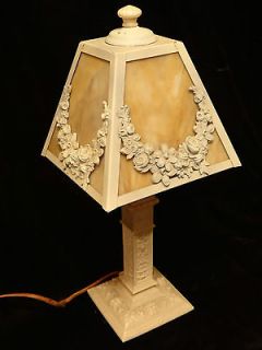 ANTIQUE VICTORIAN NORTH WIND ORNATE SLAG GLASS TABLE LAMP