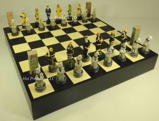 Fire Fighter Chess Men Set BLACK & MAPLE WOOD storage board 16