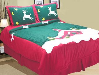Holiday Christmas Reindeer Fleece Comforter King 4PCS