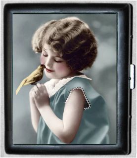 Little Girl with Bird Vintage Art Metal Wallet Cigarette Case #648