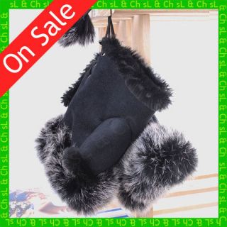 Winter Suede Fingerless Gloves Faux Rabbit Lapin Fur Leather Mittens