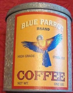 Primitive Blue Parrot Coffee Tin Can Paper Label New #361