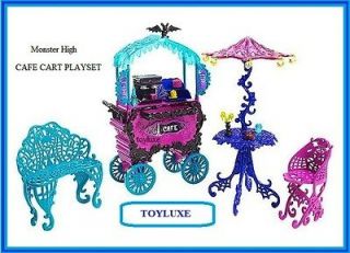 Monster High Dolls Scaris FRENCH CAFE Vendor Cart, Table, Chair, Bench