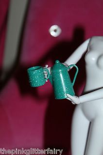 DOLL SIZE green white speck tea kettle cup camping gear dishware