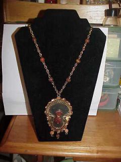 50s VINTAGE Jewelry MEXICO Artisan AZTEC MAYAN Copper GEMSTONE Pendant
