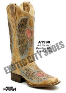 Corral Womens Cowboy Boots Ant. Saddle/Blue Jean Wing/Heart Square
