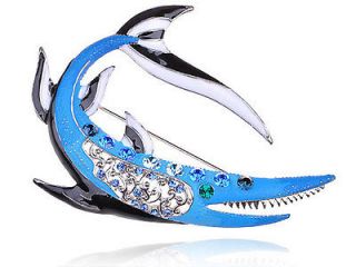 Tiger Shark Crystal Rhinestone Blue Enamel Body Pin Fashionable
