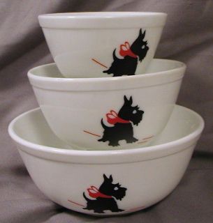 Milk Glass Nest Nesting Bowls w/ Red Bow Scottie Scotty Dogs   Set of