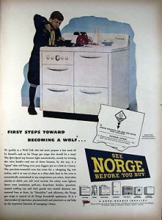 1945 Cub Scout Wolf badge cooking on Norge gas range ad