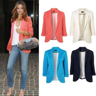 Style Women Boyfriend Candy Color Roll Sleeve Coral Blazer Jacket
