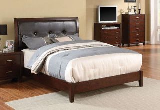 Contemporary Brown Cherry Leatherette Low Profile Platform Queen Bed