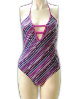 Fat Face Ladies Dash Stripe Swimsuit Swimming Costume Purple RRP £32